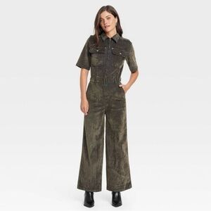 Universal Thread Women’s Velvet Flocked Denim Dark Olive Jumpsuit Size 8 NWOT